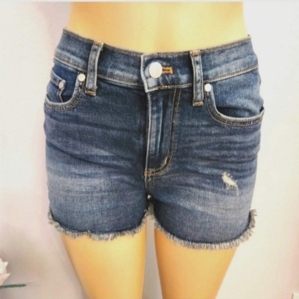 PINK Victoria's Secret LOGO Medium Blue Denim Frayed Hem Shorts